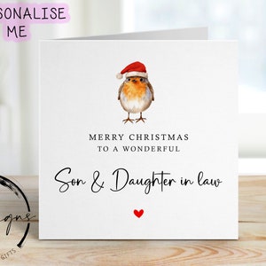 Christmas Card For Son & Daughter in law Robin wearing a Christmas Hat, Merry Christmas Greeting Card Simple Design Christmas