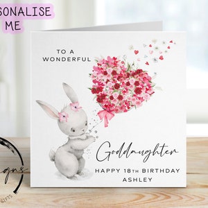 Carte d'anniversaire personnalisée pour filleule - mignon lapin avec ballon coeur fleur - carte pour elle, tout âge et nom - 16e 18e 21e 30e 40e 50e
