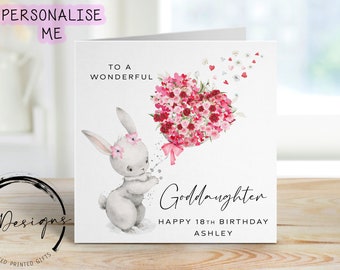 Carte d'anniversaire personnalisée filleule - lapin mignon avec ballon coeur fleur - carte pour elle, tout âge et nom - 16e 18e 21e 30e 40e 50e