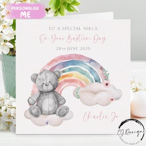 Tarjeta de bautismo personalizada para sobrina, nombre y fecha, tarjeta de felicitación con osito arcoíris, recuerdo del día del bautismo para ella