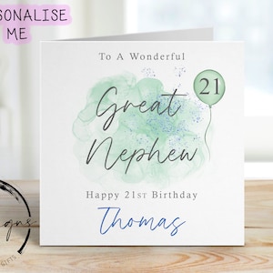 Personalisierte Geburtstagskarte für Neffeen - Grün / Blaues Design mit grünem Ballon - Karte für Ihn, jedes Alter und jeden Namen - 16., 18., 30. - 40