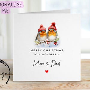 Mum & Dad Weihnachtskarte - Robin Paar trägt Weihnachtsmützen Karte und rotes Herz