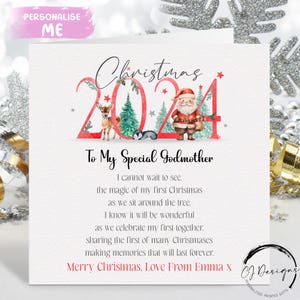 Cartão de Natal personalizado da madrinha 2024 - Cartão de Natal com poema/verso - Papai Noel e rena Primeiro Natal como meu cartão 1º Natal