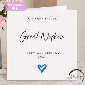 Carte d'anniversaire personnalisée arrière-neveu, coeur bleu N'IMPORTE QUELLE MENTION /ÂGE/nom 15e 16e 17e 18e 21e 25e 30e 35e 40e 45e 50e 60e