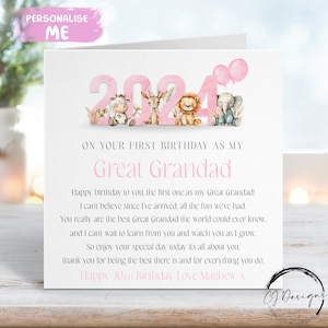 Cartão de aniversário personalizado para bisavô - Nome/IDADE Tema Pink Jungle Primeiro aniversário como meu poema QUALQUER PALAVRA 1º 60º 70º 80º 90º 100º