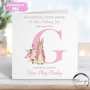 Biglietto di auguri personalizzato per il battesimo della sorellina Peter Rabbit, biglietto di auguri con nome e data iniziale, ricordo del giorno del battesimo per ragazze Flopsy