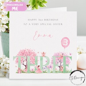 Personalisierte 3.Geburtstagskarte für Schwester Pink & Grün Fee Geburtstagskarte - Kleines Mädchen dritten Geburtstag drei