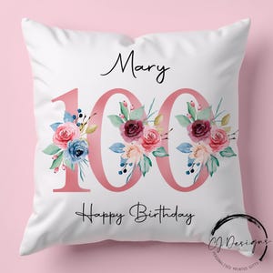Personalised 100th Birthday Milestone Cushion, 30th 40th 50th 60th 70th 80th 90th Birthday Gift for Her, Floral Pillow for Mum Nan Grandma