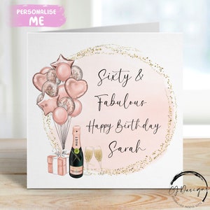 Personalisierte sechzig und fabelhafte 60. Geburtstagskarte Rosegold & Gold-Themaballons 30.40.50.70.80.90