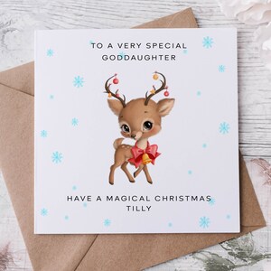 Biglietto di Natale personalizzato per la figlioccia, biglietto di renna con luci di Natale per lei, biglietto di auguri di buon Natale