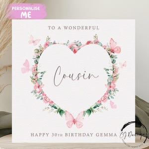 Cartão de aniversário personalizado para primos, moldura de coração com flores rosas e borboletas, qualquer idade, 18, 20, 21, 30, 35, 40, 45, 50, 60, 65, 70, 75, 80