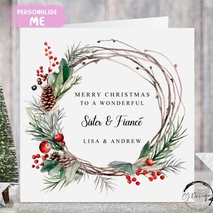 Personalisierte Schwester & Verlobte Weihnachtskarte - Paar Weihnachtskranz mit Namen