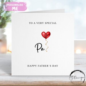 Biglietto per la festa del papà di Pa, con palloncino a forma di cuore rosso, QUALSIASI TESTO, biglietto piccolo o grande