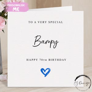 Biglietto di auguri di compleanno personalizzato Bampy, cuore blu QUALSIASI TESTO Qualsiasi età 40° 45° 50° 60° 65° 70° 75° 80° 85° 90° 95° 100°