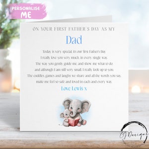 Biglietto personalizzato per la festa del papà - Elefante Primo giorno del papà Come mio padre Poesia con nome QUALSIASI TESTO 1° festa del papà