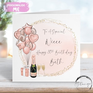 Carte d'anniversaire personnalisée pour nièce, or rose et ballons à thème dorés Tout âge 15-16 17 18 19 20 21 30 40 50 60 70 70