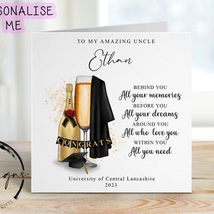 Carte personnalisée de remise des diplômes d'oncle - avec casquette, robe et verre - nom et université à mon/à notre incroyable petit-fils