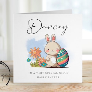 Carte de Pâques personnalisée nièce avec nom - Illustration d'un lapin de Pâques et d'un oeuf de Pâques - Carte pour elle