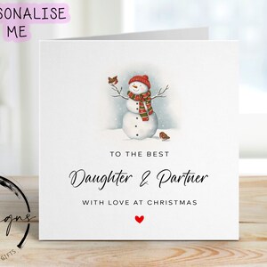 Beste Tochter & Partner Weihnachtskarte - Schneemann mit Rotkehlchen - Minimal Cards