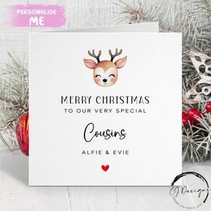 Cartão de Natal personalizado para primos especiais - Cartões minimalistas com design de rena fofa