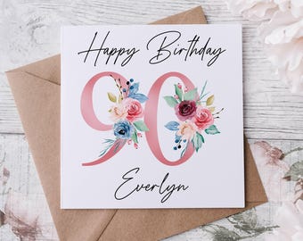 Personalised 90th Birthday Card Floral Design,  Age & Name Birthday Card for Her 40th, 50th, 60th 70th, 80th, 90th