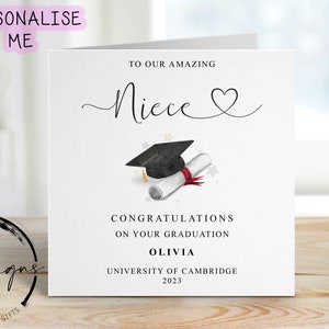 Personalised Niece Graduation Card- with Cap & Scroll- Name and University Medium or Large card Amazing Niece