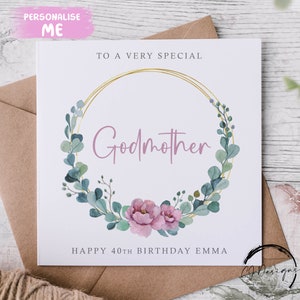 Cartão de aniversário personalizado para madrinha - Coroa de flores de eucalipto Cartão de felicitações para qualquer idade/nome 18, 21, 30, 40, 50, 60, 70, 80, 90