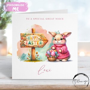 Tarjeta de Pascua personalizada para sobrina nieta con nombre: ilustración de conejito de Pascua de niña pequeña con canasta: tarjeta para ella