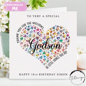 Cartão de aniversário personalizado para afilhado - Obrigado pelos milhões de coisas Coração - Qualquer idade 14º 15º 16º 18º 21º 25º 30º 40º 50º, 60º,