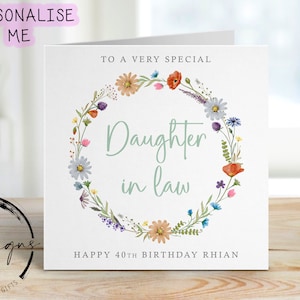 Cartão de aniversário personalizado para nora - Coroa de flores silvestres - Qualquer idade/nome, Cartão de felicitações 21, 30, 40, 50, 60, 70,