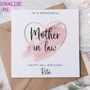 Gepersonaliseerde schoonmoeder verjaardagskaart met roze thema hart ontwerp leeftijd en naam kaart voor haar 40e, 50e, 60e 70e elke leeftijd med of lrg
