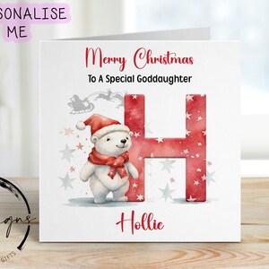 Tarjeta navideña personalizada con diseño de oso polar para ahijada, reno de Papá Noel, letra inicial y nombre
