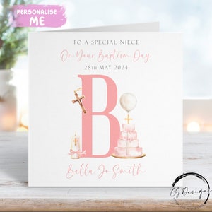 Tarjeta de bautizo personalizada para sobrina, con inicial y fecha, recuerdo del día del bautizo.