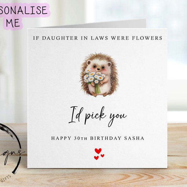 Personalised Daughter in Law Birthday Card - Hedgehog with Flowers Greeting Card- Card for her Any Age/Name 30th,40th 50th 60th 70th,