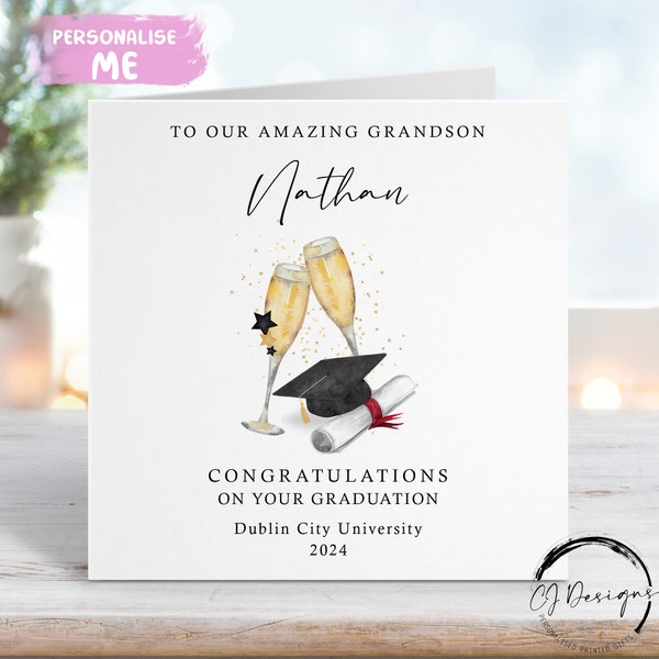 Personalised Grandson Graduation Card- with Cap & Scroll- Name and University Medium or Large card My/Our