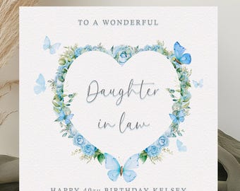 Birthday Card For Daughter in law Personalised Blue Flower & Butterfly Heart Frame Any Age