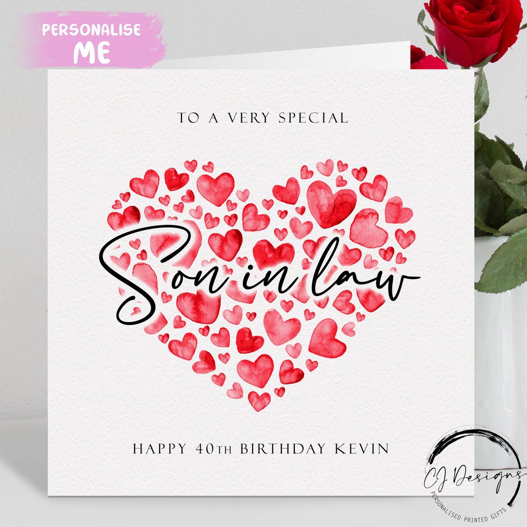 Personalised Son in Law Birthday Card, Red Hearts ANY WORDING Any Age ...