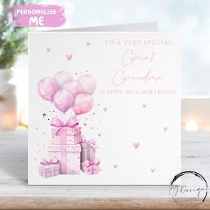 Carte d'anniversaire personnalisée arrière-grand-mère rose, cadeau et ballons Tout âge 60e 65e 70e 75e 80e 80e 85e 90e 95e 100e