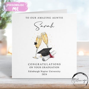 Carte personnalisée de remise des diplômes tante - avec casquette et parchemin - prénom et carte universitaire moyenne ou grande