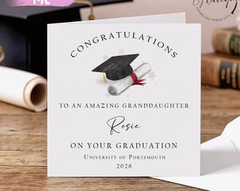 Cartão de formatura personalizado para neta com fita na cor escolhida e diploma de 15 cm ou 20 cm.