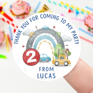 Personalised Birthday Stickers - Age 1-10 Cars and Road Travel Birthday Party Bag Thank You Sticker 37mm/45mm /51mm/64mm- Sweet Cone Labels