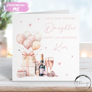 Carte d'anniversaire fille personnalisée en or rose, champagne, cadeau et ballons Tout âge/nom 18, 21, 30, 40, 50, 60, 65, 70, 75