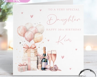 Carte d'anniversaire fille personnalisée en or rose, champagne, cadeau et ballons Tout âge/nom 18, 21, 30, 40, 50, 60, 65, 70, 75
