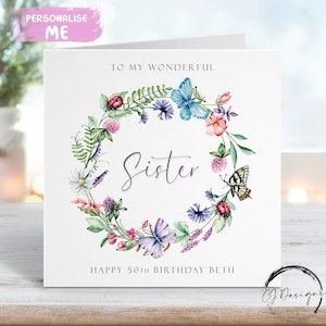 Personalisierte Schwester Geburtstagskarte - Blumenkranz - Marienkäfer und Schmetterlinge JEDE BESTELLUNG für meine / unsere 18.21.30.40.50.60.70.80