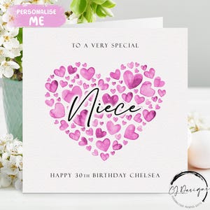 Carte d'anniversaire personnalisée nièce, coeurs roses N'IMPORTE QUELLE FORMULE /ÂGE/nom 14e 15e 16e 17e 18e 19e 21e 30e 40e 45e 50e 60e 65e