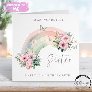 Carte d'anniversaire personnalisée florale arc-en-ciel et papillons 16e, 18e, 21e, 30e, 40e, 50e, 60e, 70e 80e, 90e, 100e