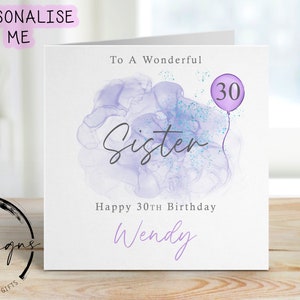 Cartão de aniversário personalizado para irmã - Design roxo/azul com balão rosa - Cartão para ela, qualquer idade/nome - 16, 18, 21, 30, 40, 50, 60