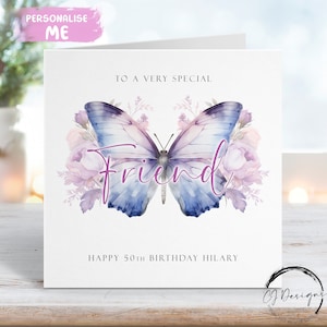 Personalisierte Geburtstagskarte für Freunde - Lila Thema Schmetterling Grußkarte für sie jedes Alter 18.21.30.40.50.60.65.70.80.90