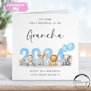 Biglietto di auguri di compleanno personalizzato Grancha First As My Blue Animal Theme con nome QUALSIASI ETÀ/FORMULAZIONE 1° 50° 60° 65° 70° 75° 80° 85°
