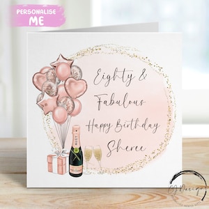 Personalisierte Achtzig und fabelhafte 80.Geburtstagskarte Rosegold & Gold-Themaballons 30.40.50.60.70.90